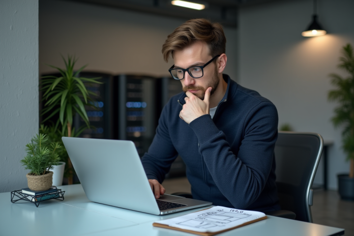 Jeune homme IT examinant un ordinateur portable en bureau