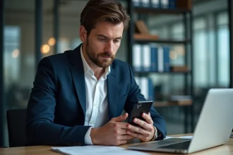 Professionnel en costume consultant un téléphone chiffré PGP dans un bureau moderne en France