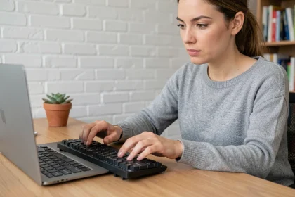 Femme utilisant un raccourci clavier sur son ordinateur portable dans un bureau à domicile moderne