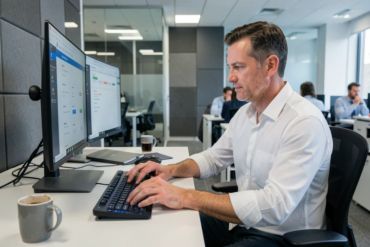 Homme exécutant un raccourci clavier sur un bureau ergonomique en open space professionnel
