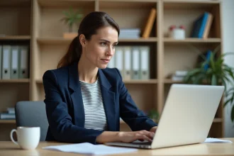 Une remplaçante connectée à sa messagerie académique webmail 92 sur un ordinateur portable dans une salle des professeurs