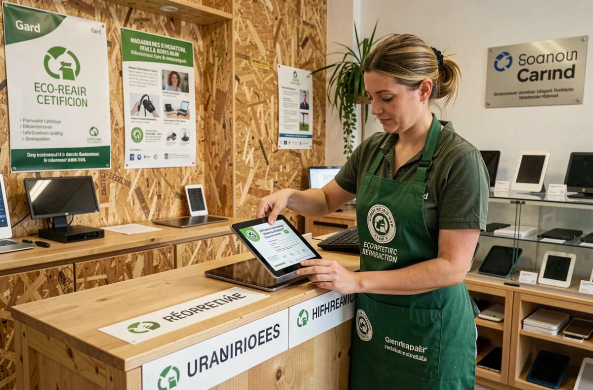 Technicienne apposant un label bonus réparation sur une tablette réparée dans une boutique labellisée du Gard