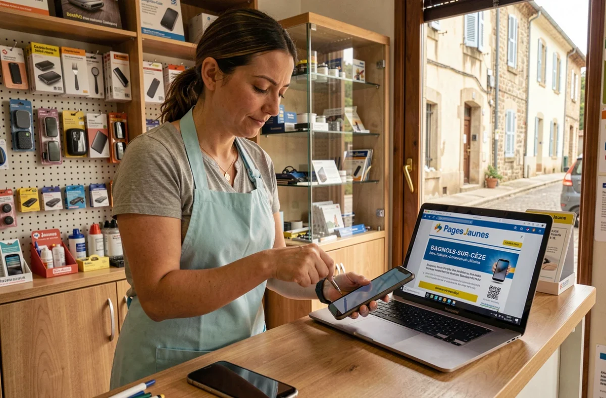 Technicienne d'une boutique référencée Pages Jaunes à Bagnols-sur-Cèze testant l'écran d'un smartphone réparé