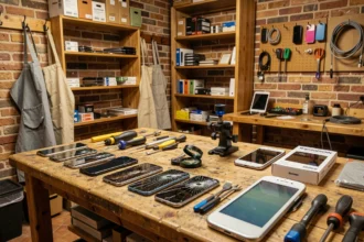 Atelier de réparation de smartphones dans le Gard avec outils de précision et téléphones endommagés sur un établi en bois