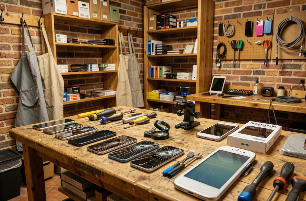 Atelier de réparation de smartphones dans le Gard avec outils de précision et téléphones endommagés sur un établi en bois