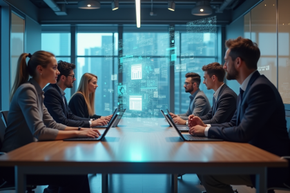 Groupe de professionnels en réunion avec interfaces AR