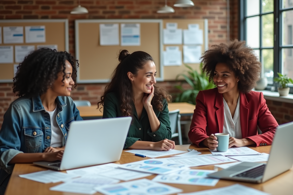 Groupe de femmes discutant autour d une table avec diagrammes et ordinateurs