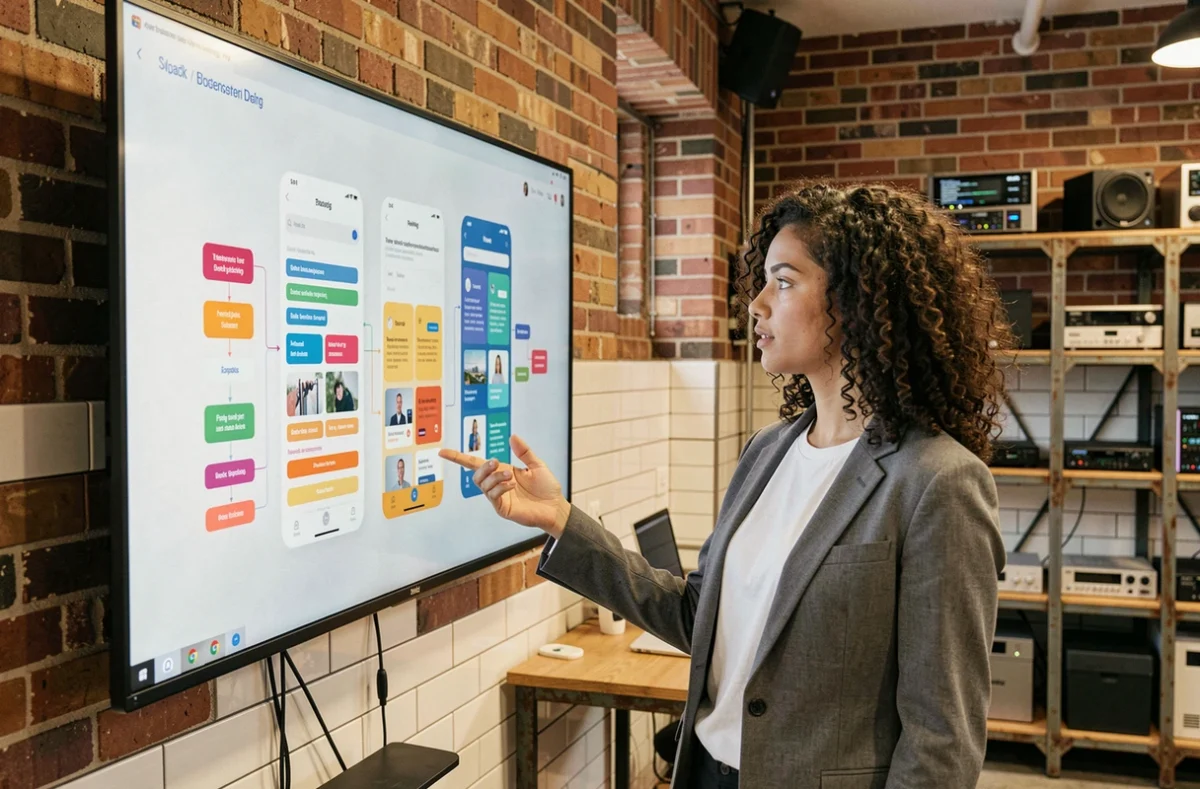 Membre de l'équipe Revolucy présentant un prototype d'application mobile sur écran mural
