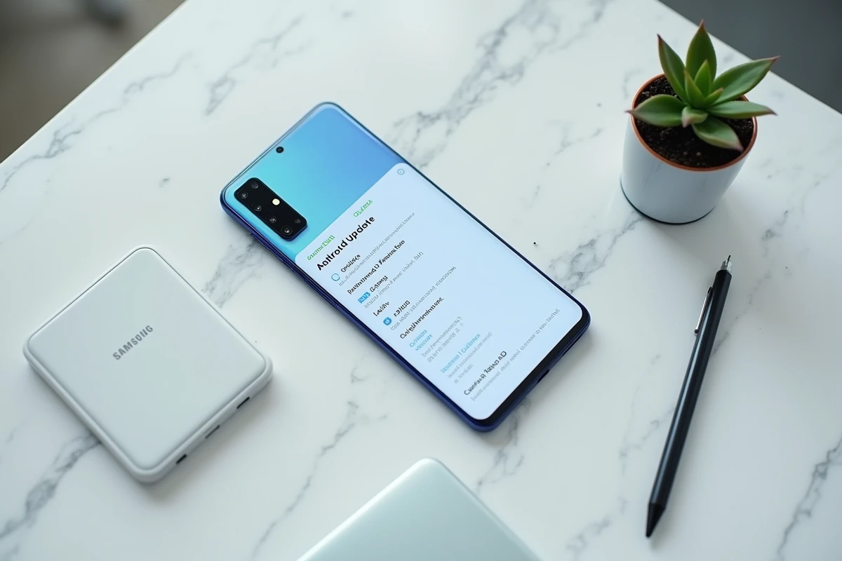 Samsung Galaxy A51 posé sur une table en marbre avec l'écran affichant le menu de mise à jour Android