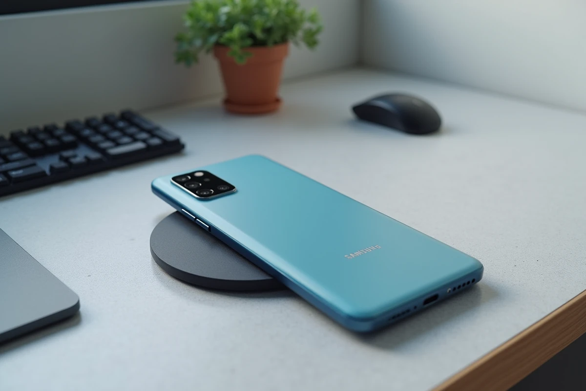 Samsung Galaxy A35 5G posé sur un bureau minimaliste avec module caméra visible