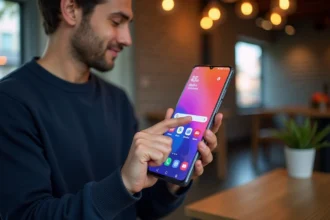 Main tenant un Samsung Galaxy A35 5G avec écran AMOLED allumé dans un café moderne