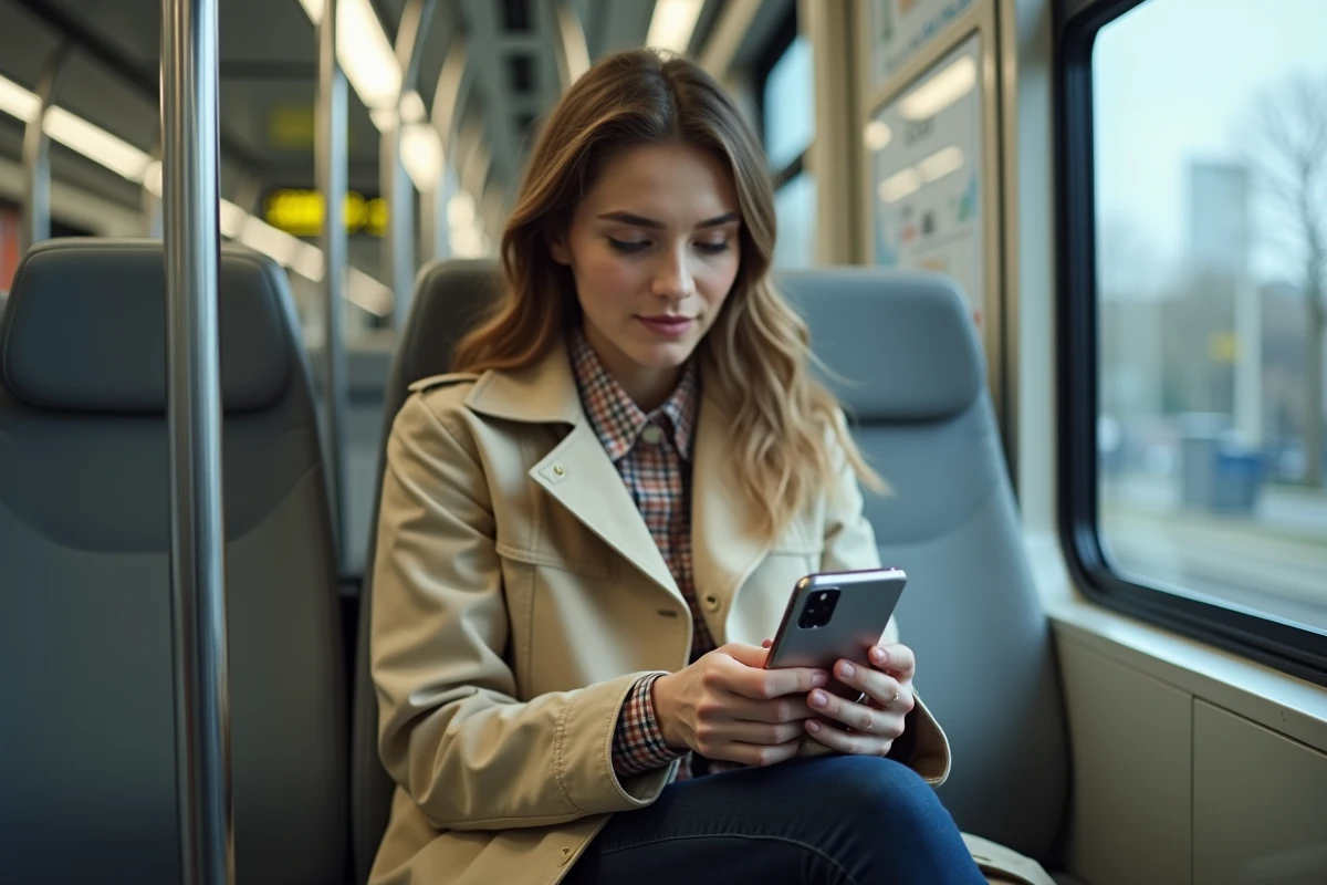 Femme utilisant un Samsung Galaxy A35 5G dans les transports en commun pour regarder une vidéo