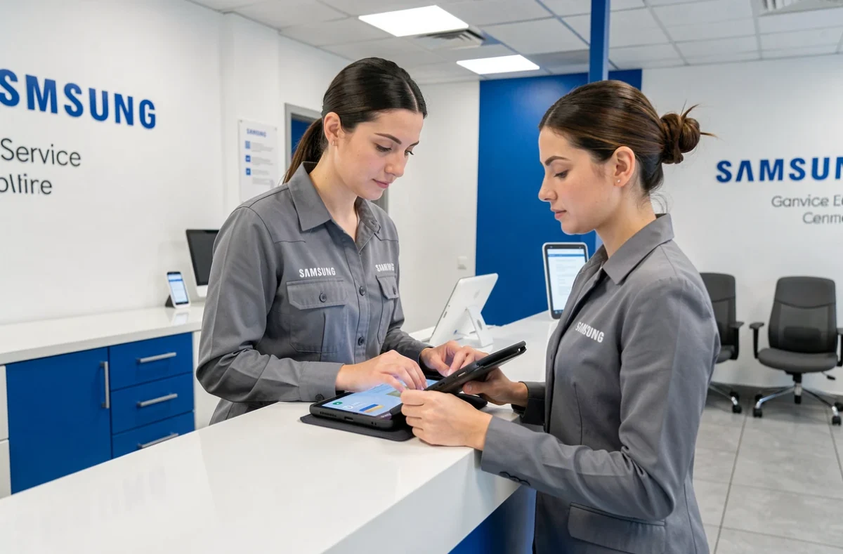 Technicienne en uniforme Samsung évaluant un smartphone Galaxy avec une tablette de diagnostic au Samsung Service Centre de Nîmes