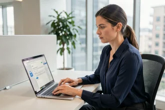 Femme professionnelle sécurisant sa messagerie douane Mercure sur un ordinateur portable au bureau