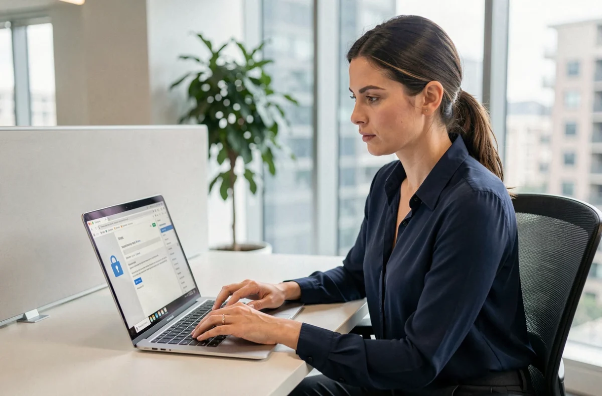 Femme professionnelle sécurisant sa messagerie douane Mercure sur un ordinateur portable au bureau