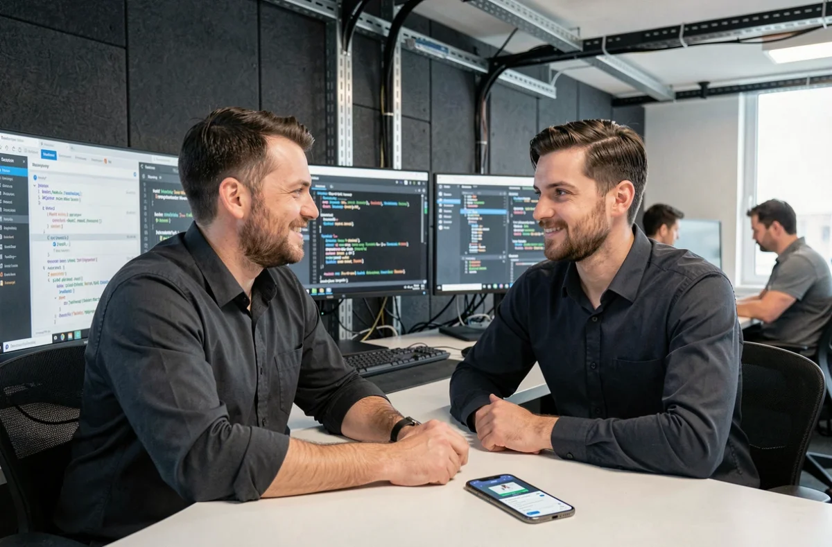 Deux développeurs de Smartfire collaborant sur un projet d'application mobile à leur bureau