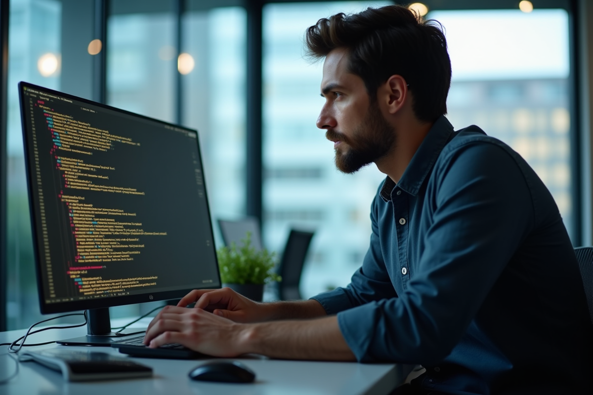 Expert informatique analysant du code dans un bureau lumineux