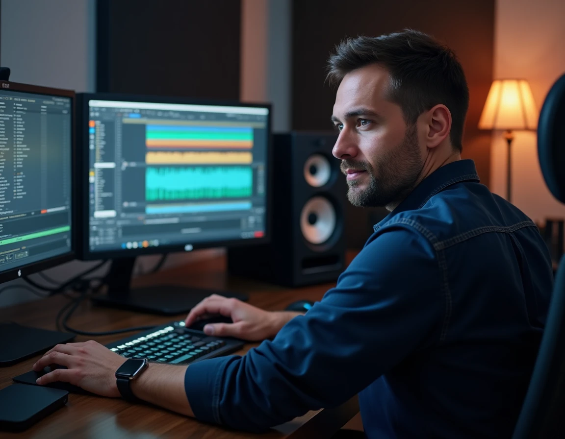 Homme travaillant sur une station audio professionnelle pour convertir des fichiers YouTube en WAV sans perte de qualité