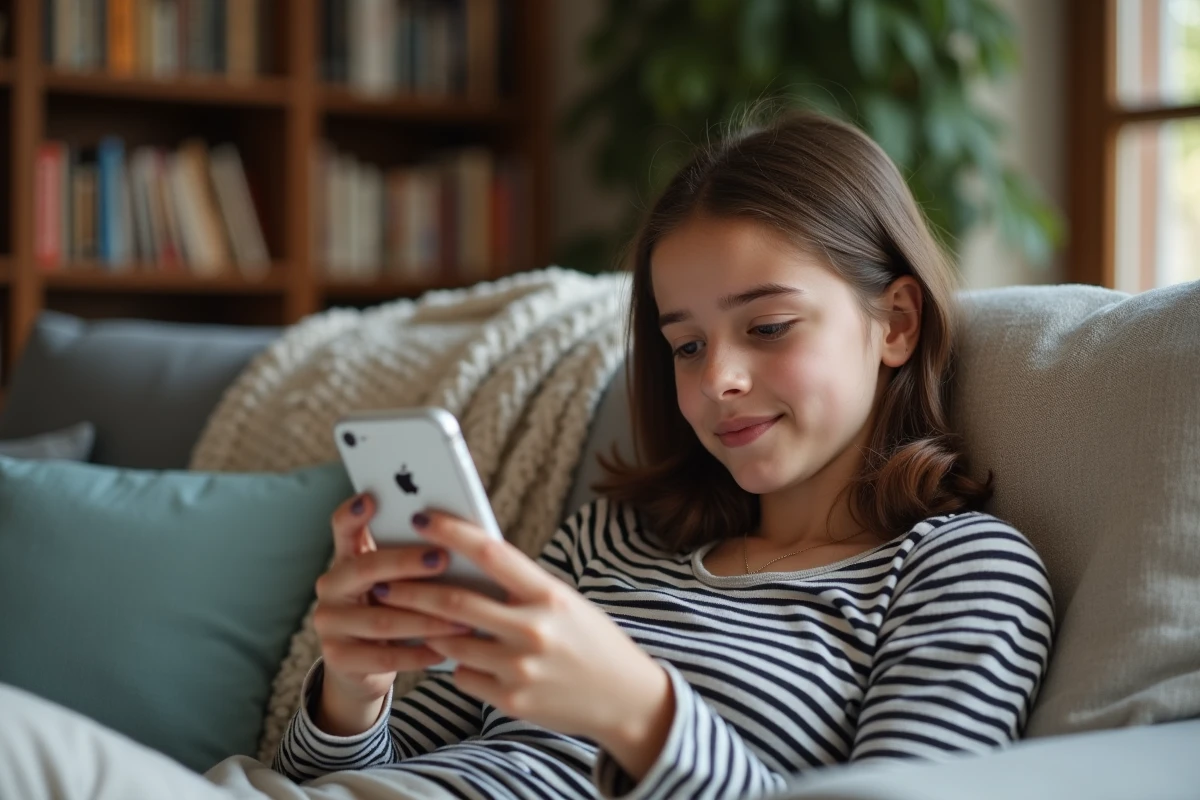 Jeune femme allongée sur un canapé en train de supprimer un contact dans l'application Messenger sur iPhone
