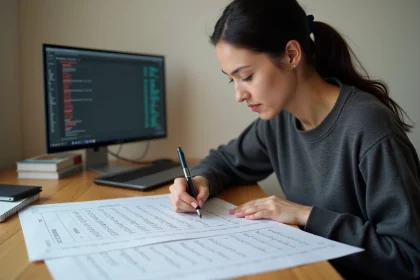Femme consultant un tableau de conversion d'octets sur une feuille de référence posée sur un bureau de travail