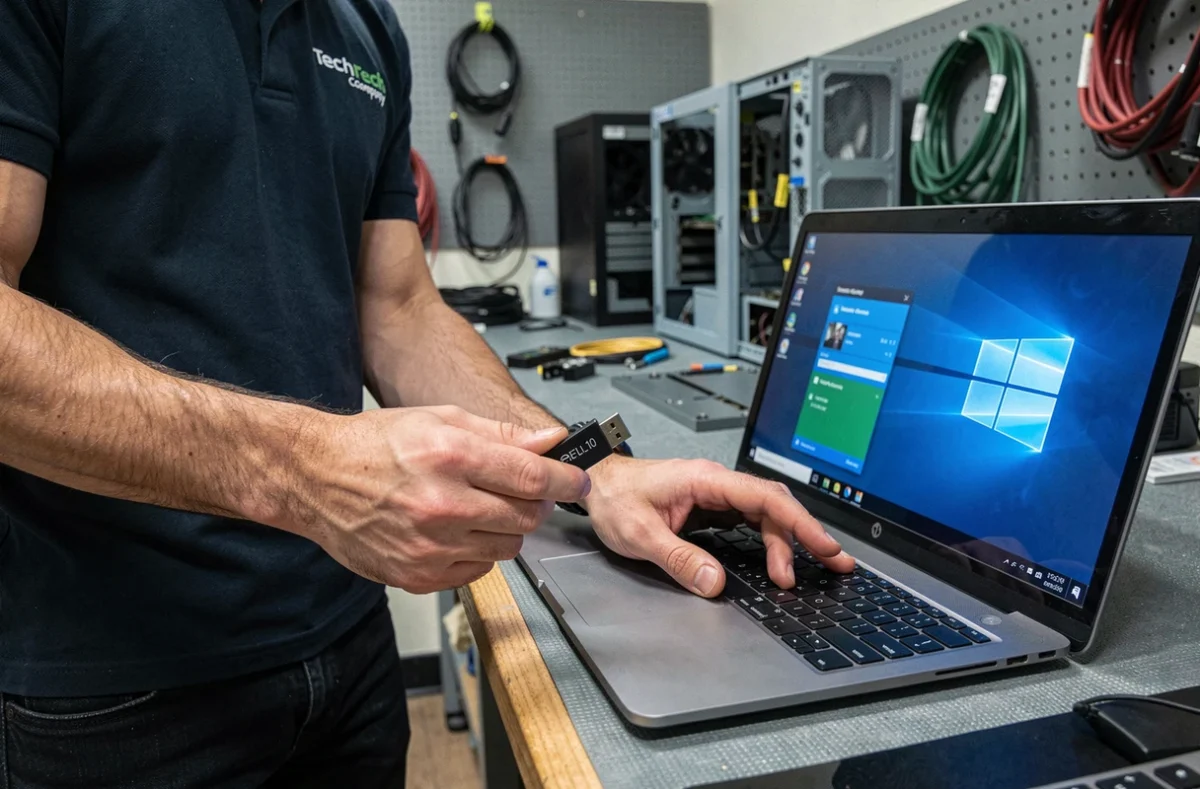 Technicien informatique tenant une clé USB d'installation Windows 10 devant un ordinateur portable dans un atelier de réparation