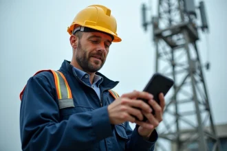 Technicien terrain utilisant un téléphone robuste Ericsson sur un site d'antennes télécom