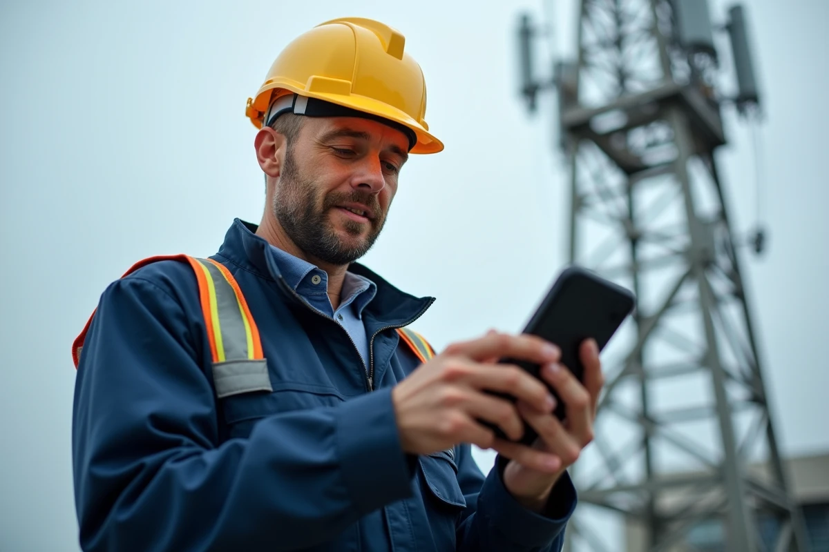 Technicien terrain utilisant un téléphone robuste Ericsson sur un site d'antennes télécom