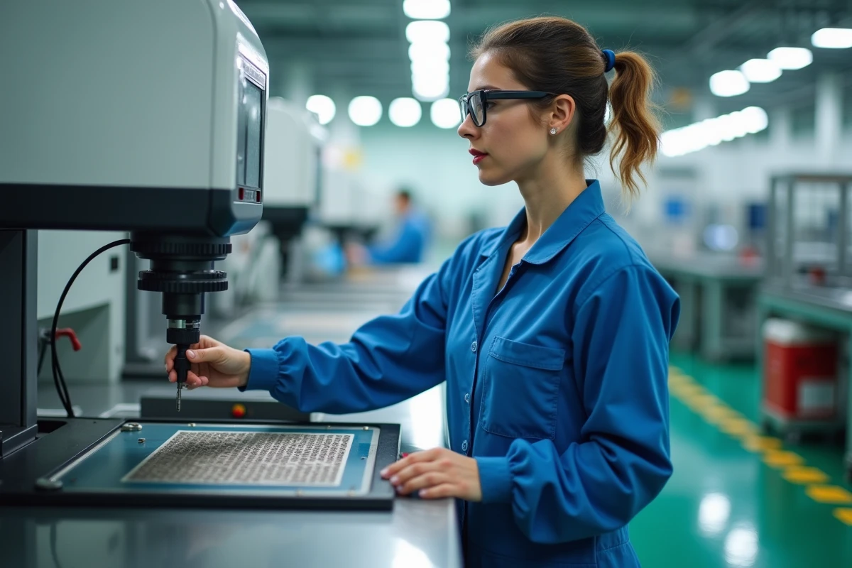 Technicienne contrôle qualité sur machine d'inspection optique automatisée pour procédé under bump metal