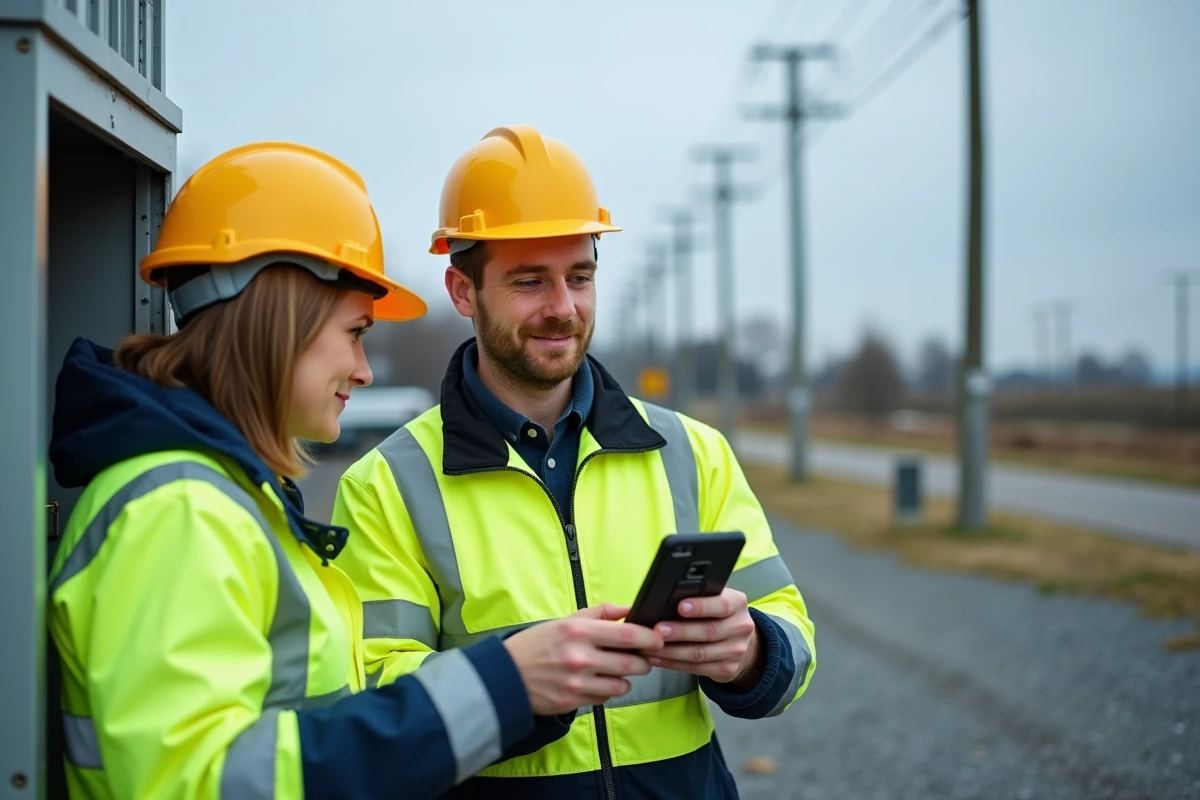 Deux techniciens terrain consultant un téléphone Ericsson robuste devant un cabinet réseau mobile
