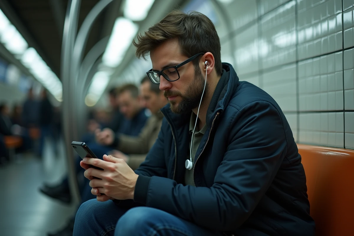 Homme téléchargeant anonymement des stories Instagram sur son téléphone dans les transports en commun