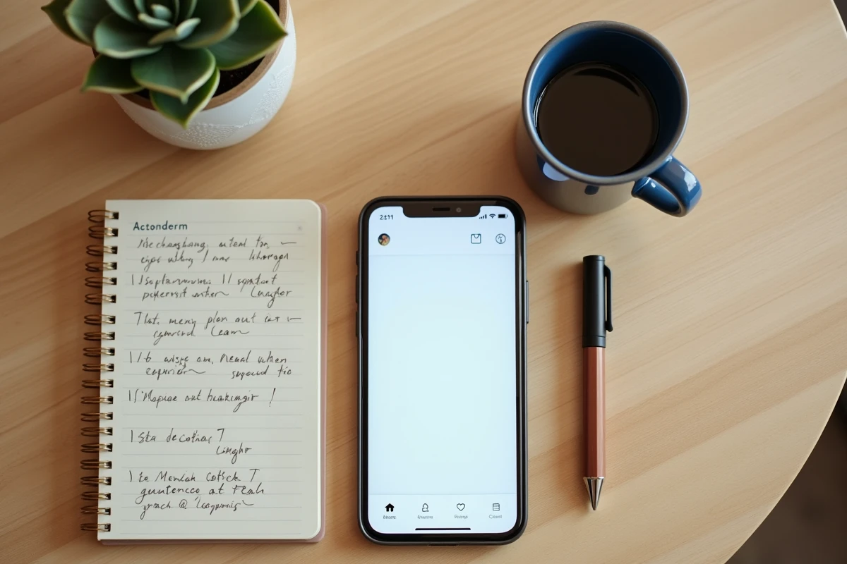 Vue aérienne d'un smartphone affichant un profil de réseau social avec un carnet de notes et un café, illustration du téléchargement de highlights Instagram