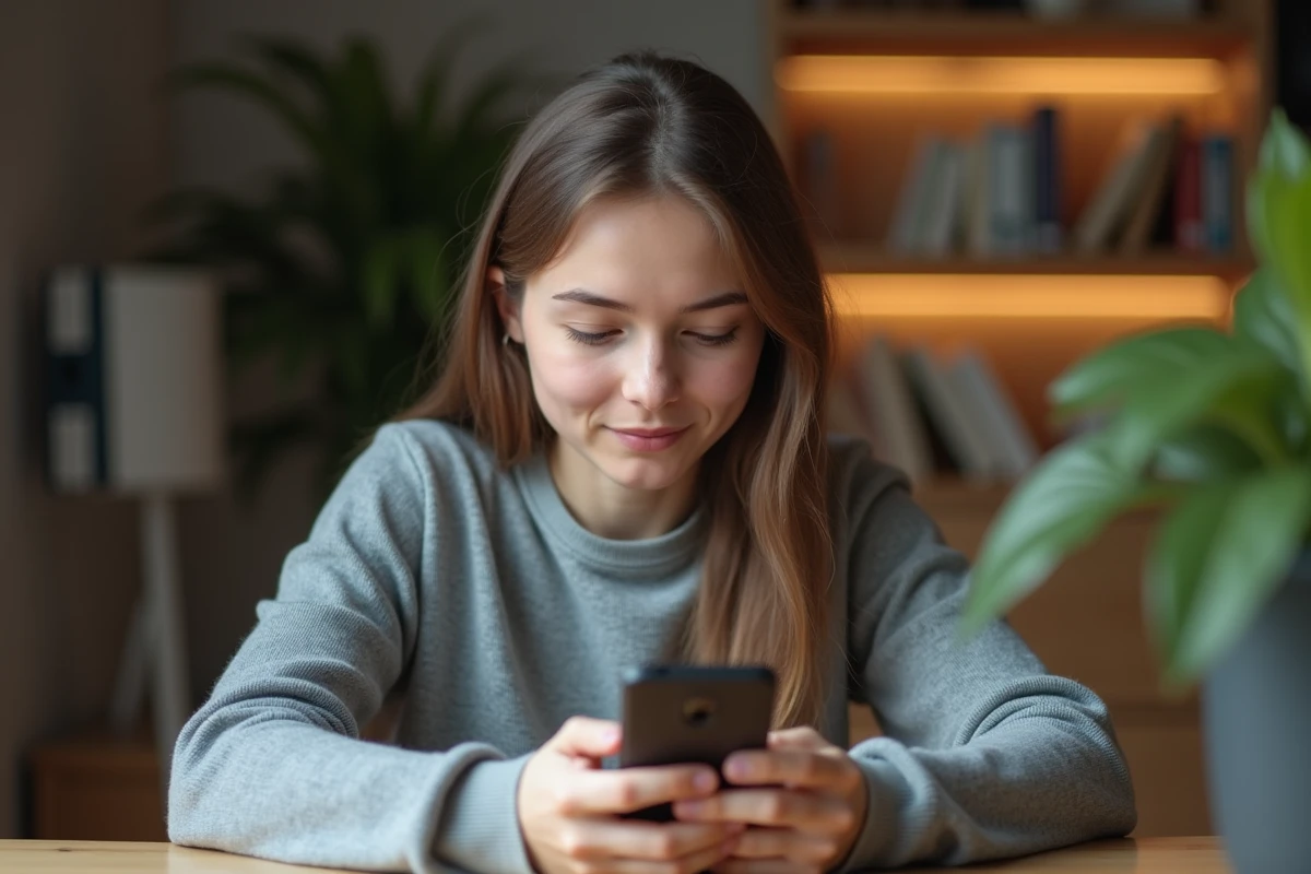Jeune femme consultant son smartphone pour télécharger des stories Instagram de façon discrète depuis son bureau à domicile
