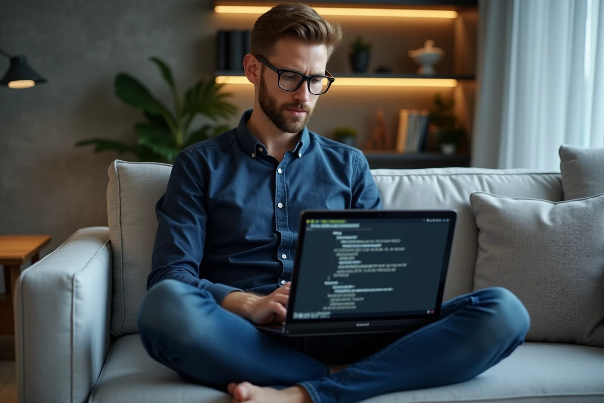 Homme utilisant le Terminal macOS sur un MacBook Pro pour vider le cache système avec une commande, assis sur un canapé gris moderne