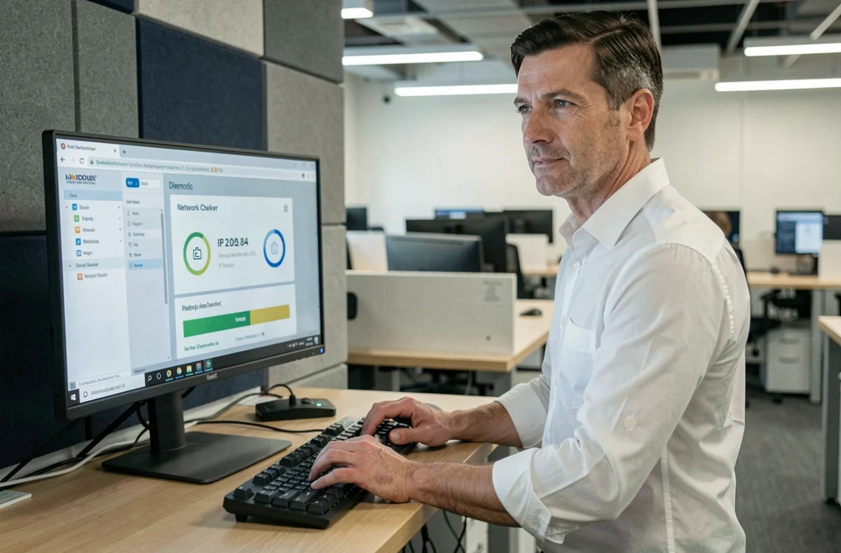 Technicien informatique vérifiant son adresse IP et les paramètres réseau dans un bureau professionnel en open space