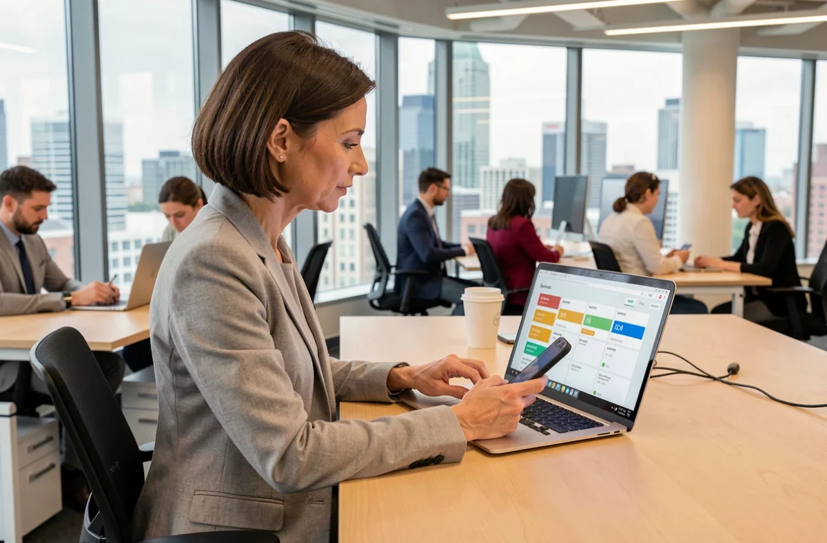 Femme vérifiant l'état du service webmail EDF sur son ordinateur et son smartphone en open space