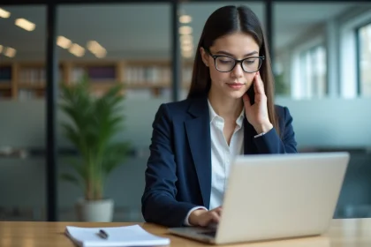 Étudiante vérifiant la sécurité d'un email sensible sur son ordinateur portable dans un bureau universitaire