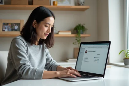 Femme utilisant un MacBook Pro pour accéder aux paramètres système macOS afin de vider le cache et optimiser les performances