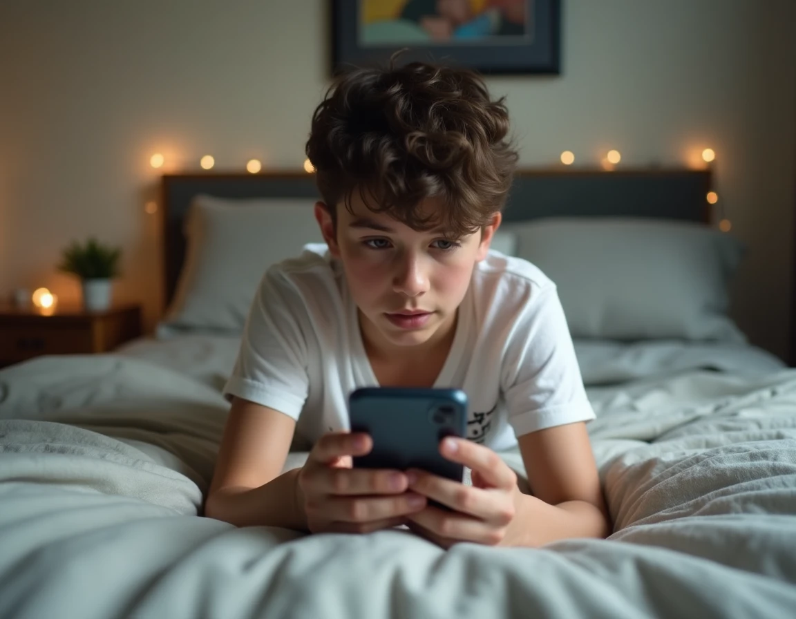 Jeune adulte visionnant anonymement une story Snapchat sur smartphone allongé dans sa chambre sans faire de capture d'écran