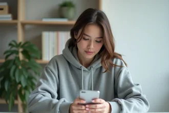 Jeune femme consultant anonymement une story Snapchat sur son smartphone depuis un bureau minimaliste à domicile