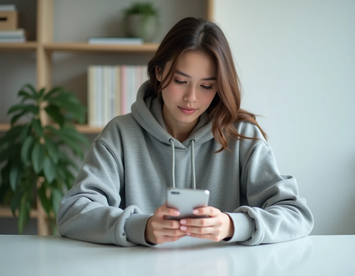 Jeune femme consultant anonymement une story Snapchat sur son smartphone depuis un bureau minimaliste à domicile