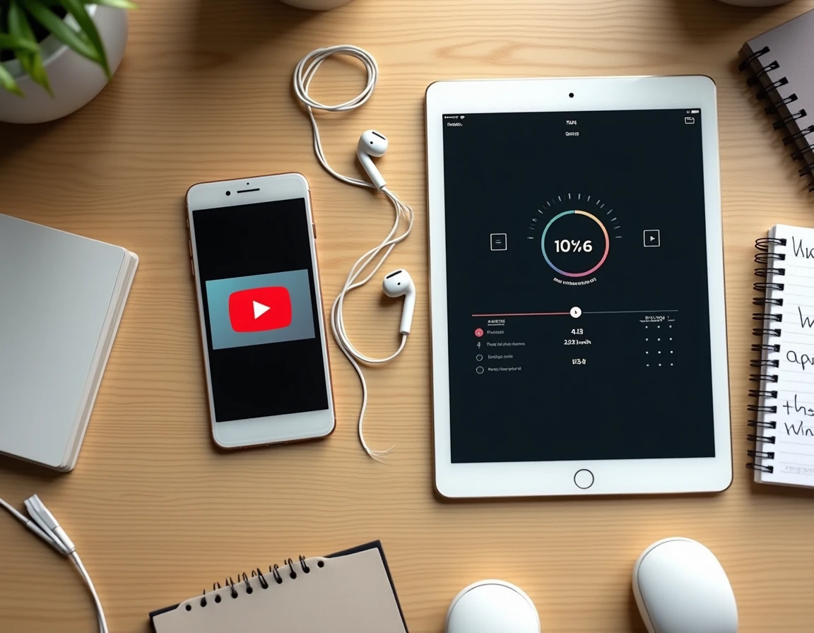 Vue aérienne d'un bureau avec smartphone et tablette montrant une conversion YouTube vers fichier audio WAV sans perte