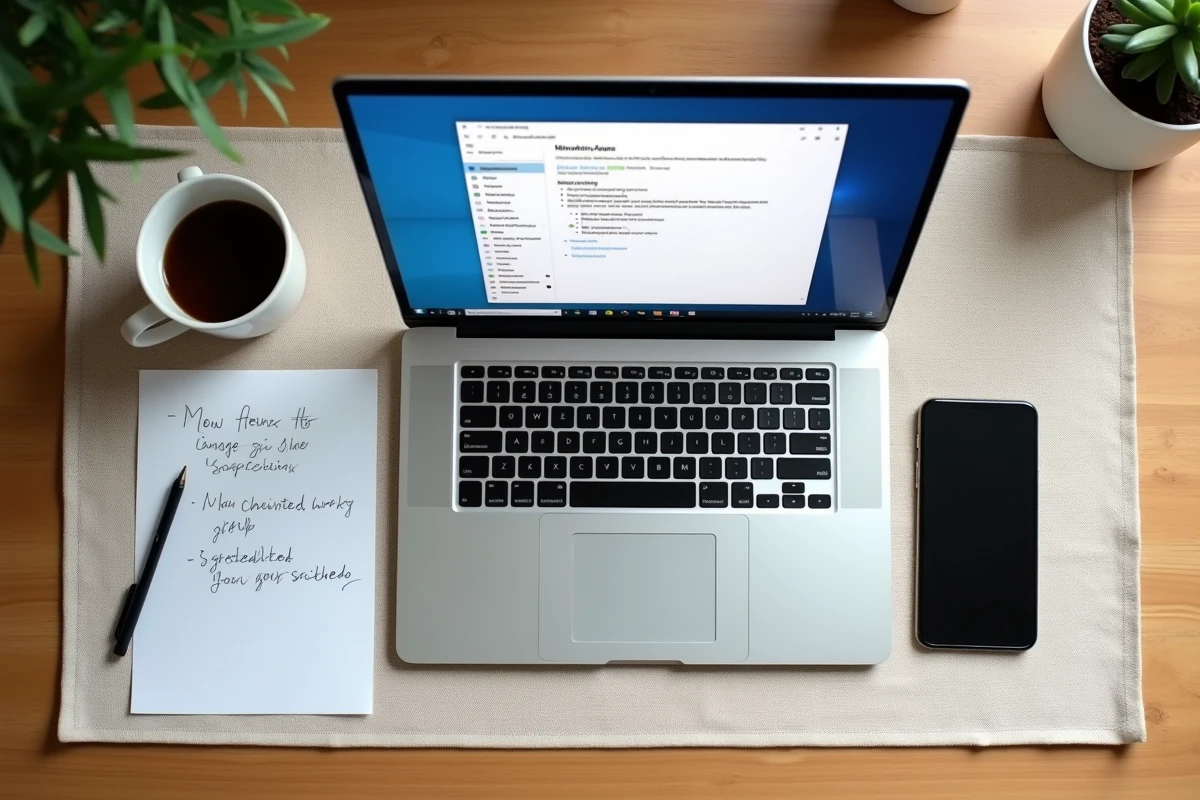 Vue de dessus d'un bureau avec ordinateur portable ouvert sur les paramètres Windows pour corriger l'association des fichiers .jfif