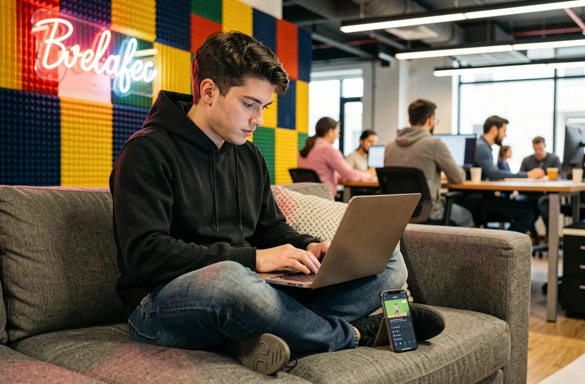 Jeune développeur de Web Maniac codant une application mobile dans un espace de coworking créatif