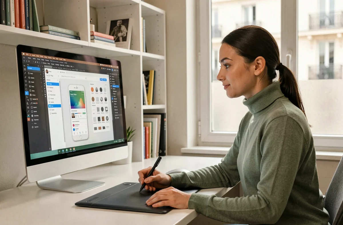Designer UX de Webnet travaillant sur l'interface d'une application mobile dans un studio moderne