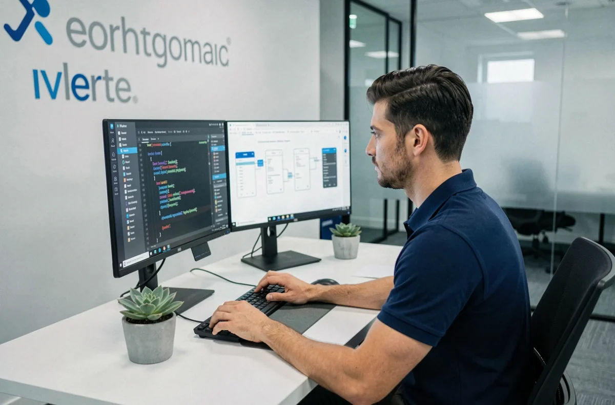 Développeur de l'agence Wess Soft travaillant sur une application mobile dans un bureau moderne
